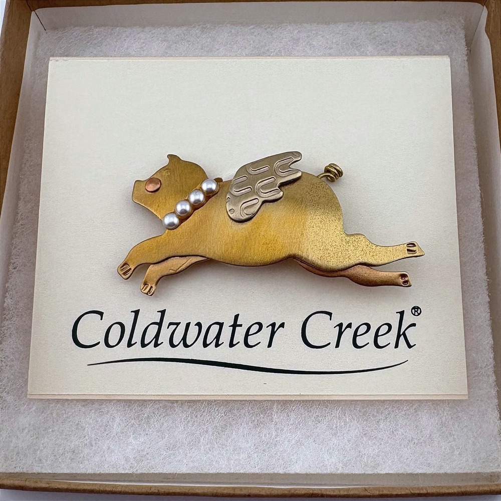 Coldwater Creek Flying Piggy Pin Mixed Metal Faux Pearl Wings Brooch New Box